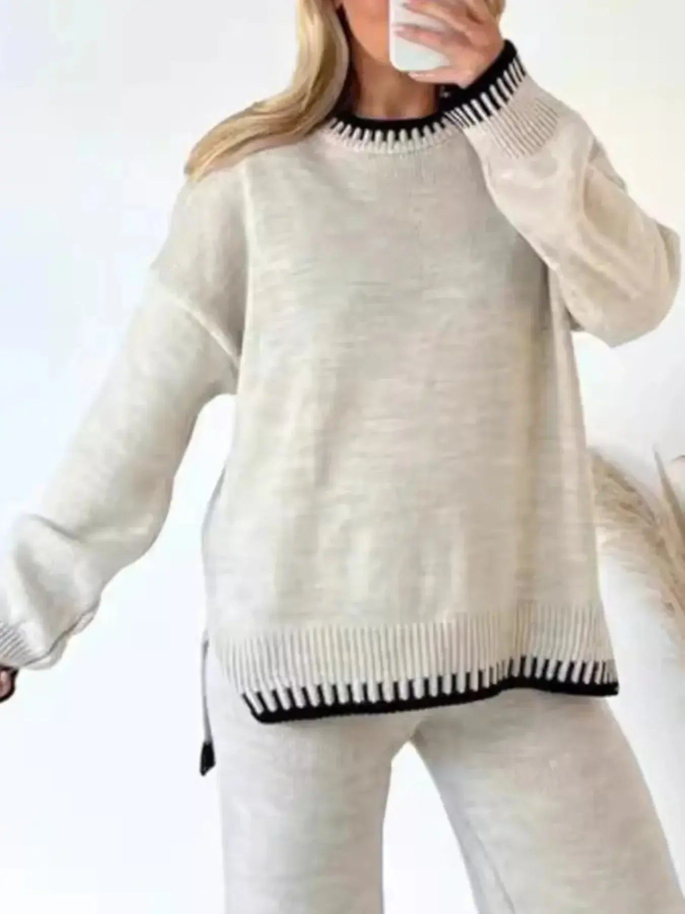 Contrast Trim Round Neck Top and Pants Sweater Set - Plush Fashion Hub