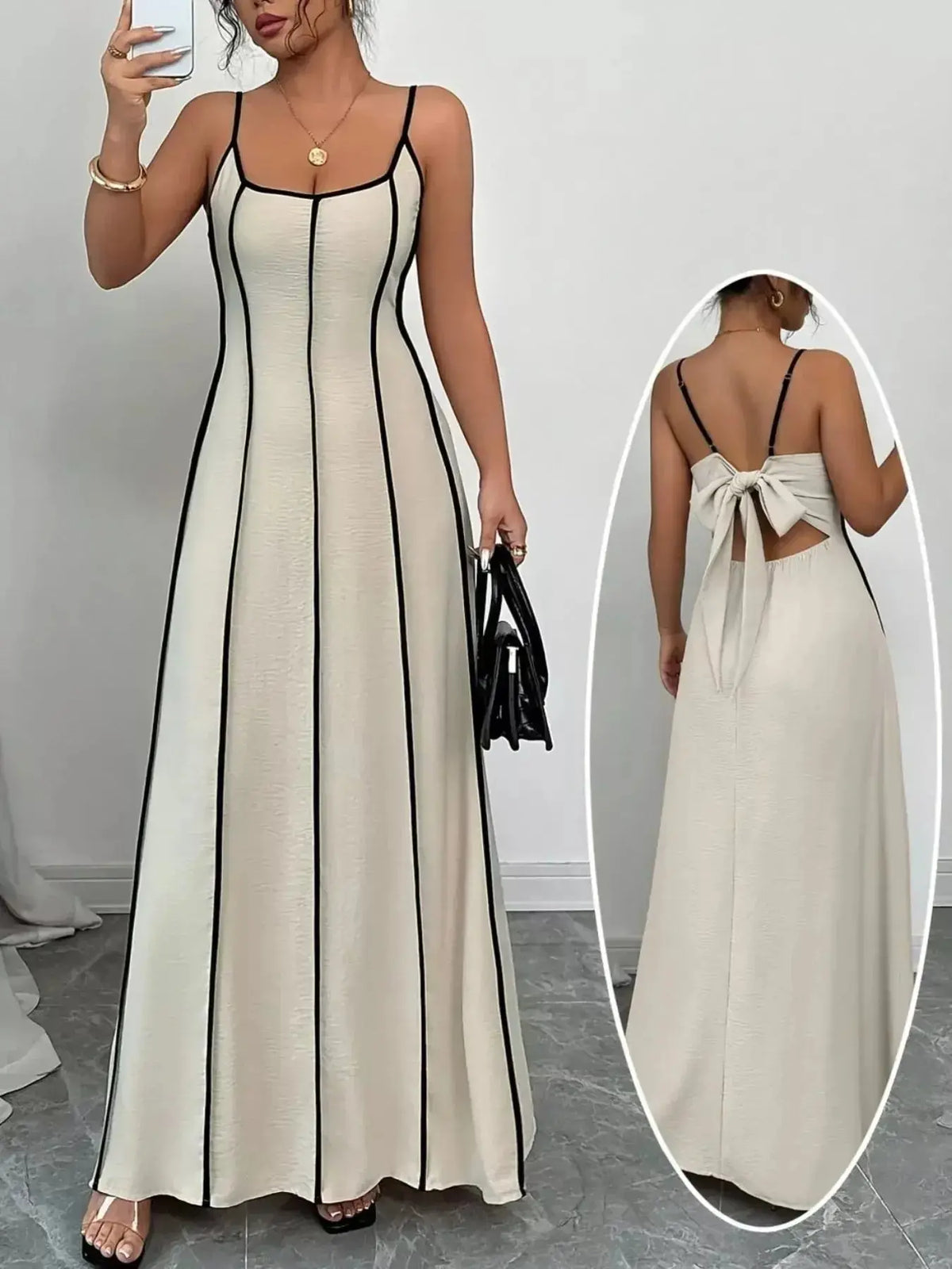 Contrast trim spaghetti strap ruched maxi dress by Plush Fashion Hub, flowy summer evening gown with a stylish design.