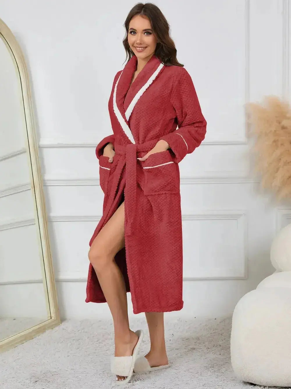 Trendsi plush pajama nightgown with contrast trim, tie waist, and pockets, designed for comfortable lounge and sleep.