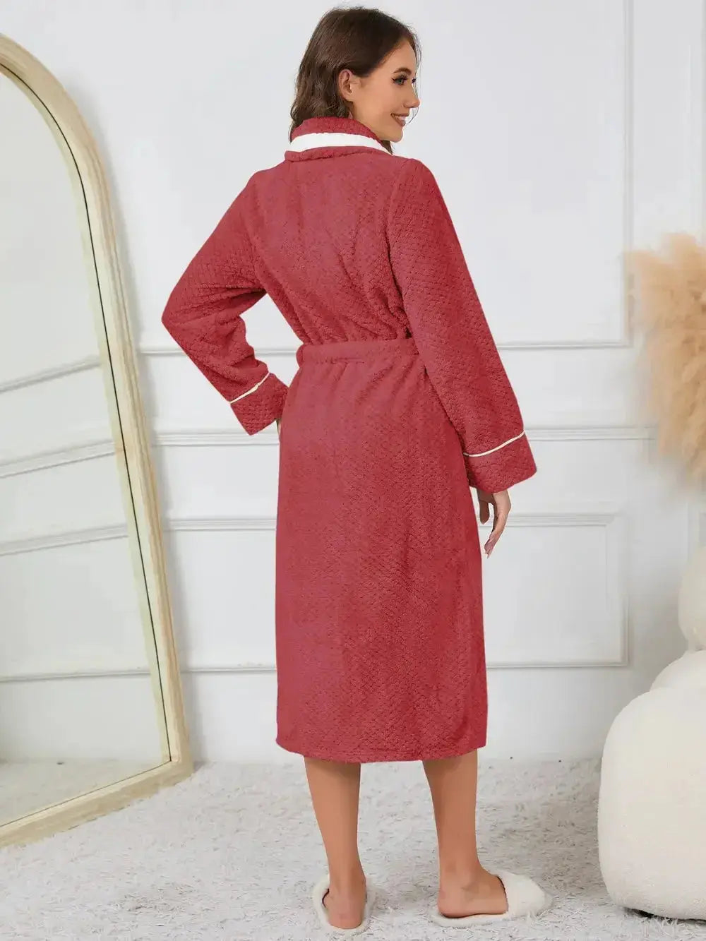 Trendsi plush navy pajama nightgown with contrast trim, tie waist, and pockets, perfect for comfortable loungewear.