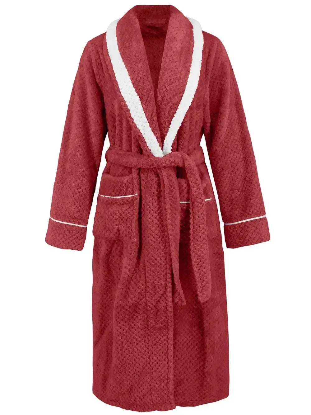 Trendsi plush navy pajama nightgown with contrast trim, tie waist, and side pockets, featuring a comfortable relaxed fit.