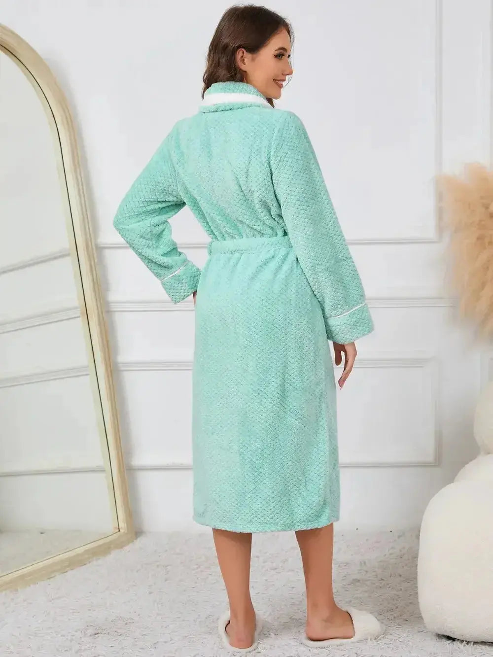 Trendsi plush pajama nightgown with contrast trim, tie waist, and pockets, featuring a soft, cozy fabric for comfortable sleepwear.