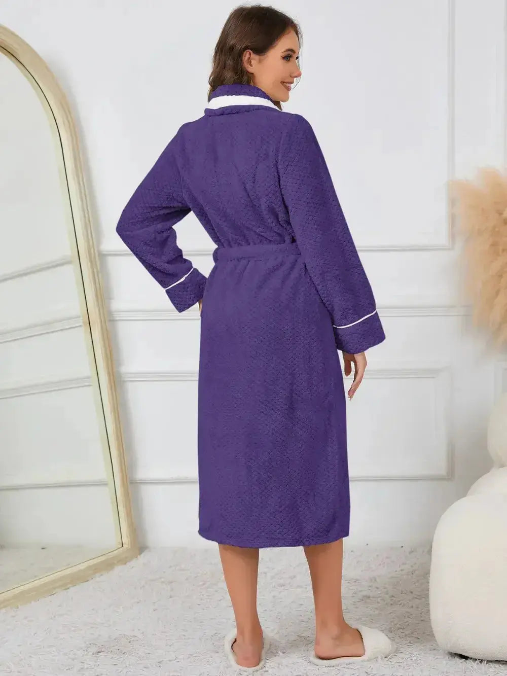 Plush Trendsi pajama nightgown with contrast trim, tie waist, and pockets, designed for comfortable lounge and sleepwear.
