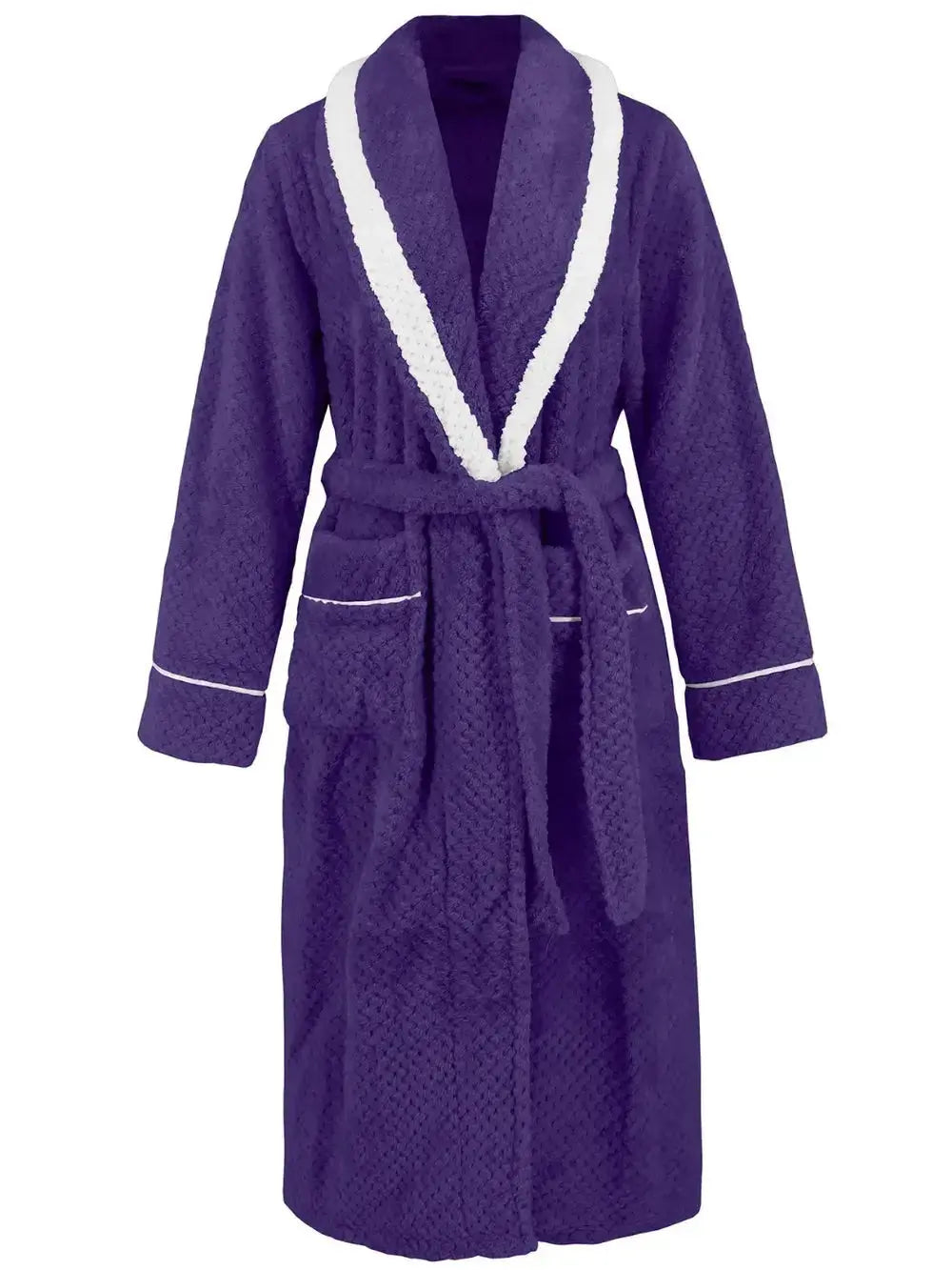 Trendsi plush navy tie waist lounge nightgown with contrast trim and pockets, soft and comfortable pajamas for relaxing evenings.