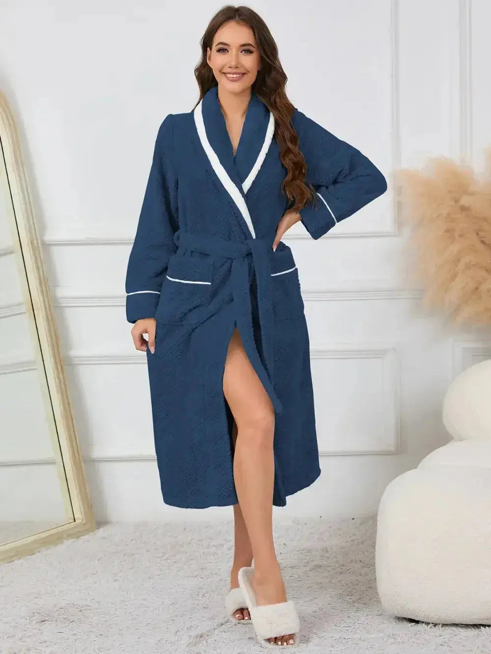 Trendsi plush navy lounge nightgown with contrast trim, tie waist, and pockets, featuring soft, cozy fabric for comfortable sleepwear.