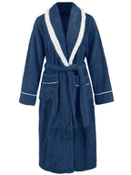 Trendsi plush navy nightgown with contrast trim, tie waist, and pockets, featuring a cozy pajama style for comfortable sleepwear.