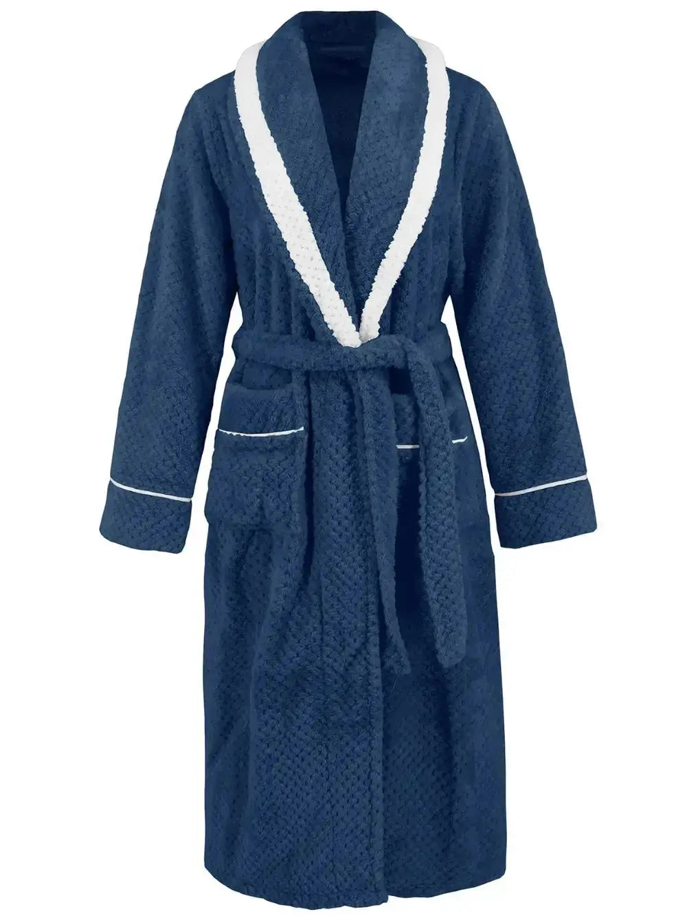 Trendsi plush navy nightgown with contrast trim, tie waist, and pockets, featuring a cozy pajama style for comfortable sleepwear.