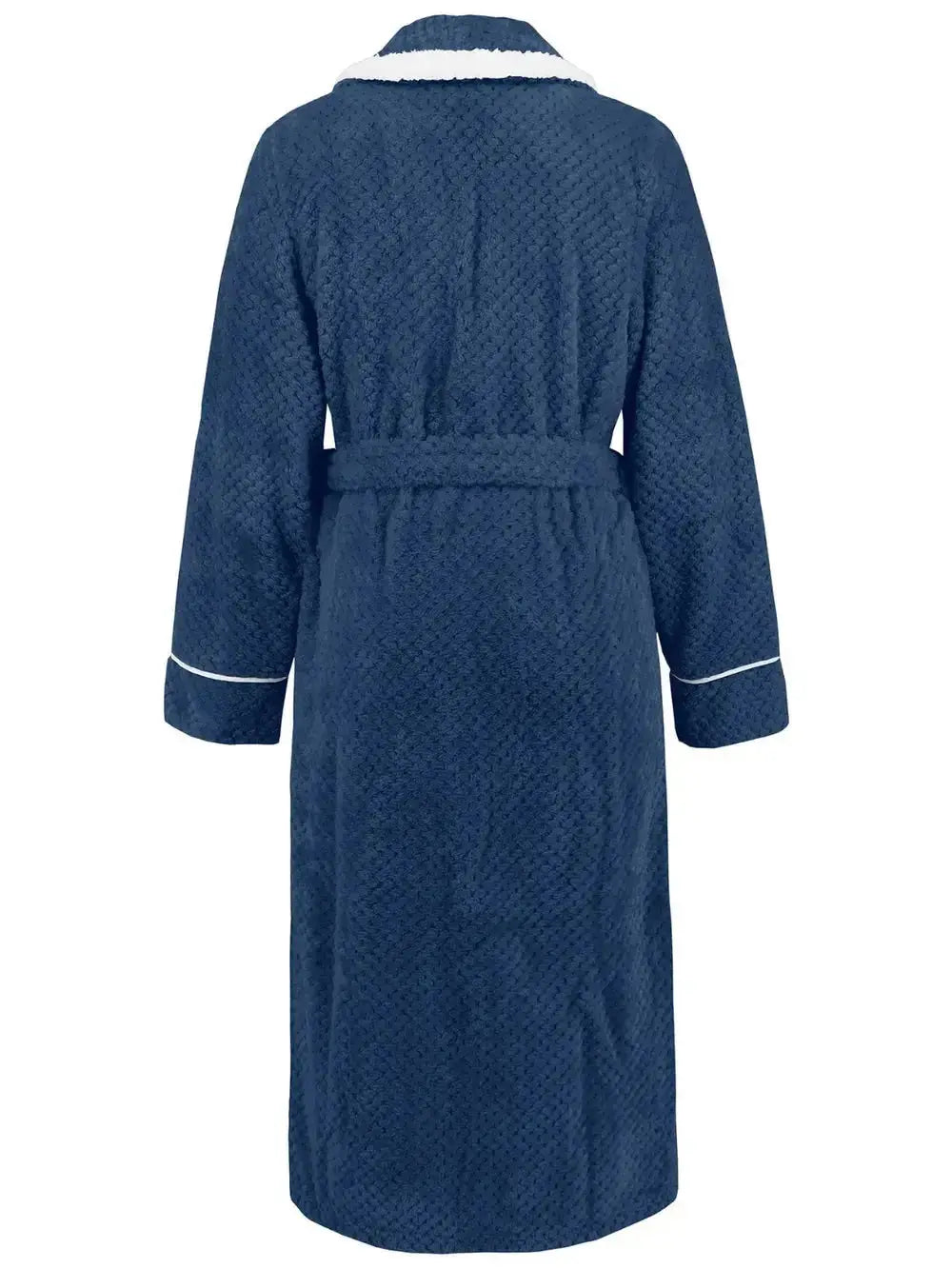 Trendsi plush navy lounge nightgown with contrast trim, tie waist, and pockets, cozy pajama for relaxed comfort