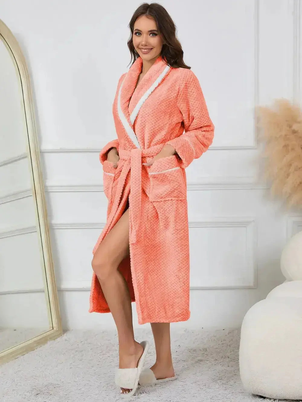 Trendsi plush navy lounge nightgown with contrast trim, tie waist, and pockets, made for comfortable pajamas.