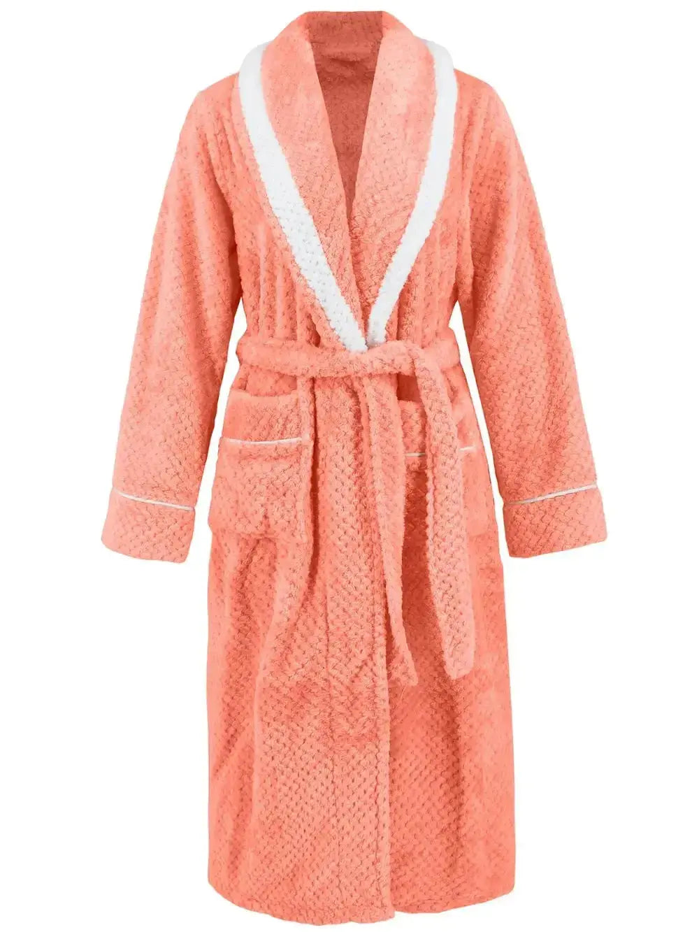 Trendsi plush lounge nightgown with contrast trim, tie waist, and pockets, made for comfortable sleepwear and relaxed lounging.