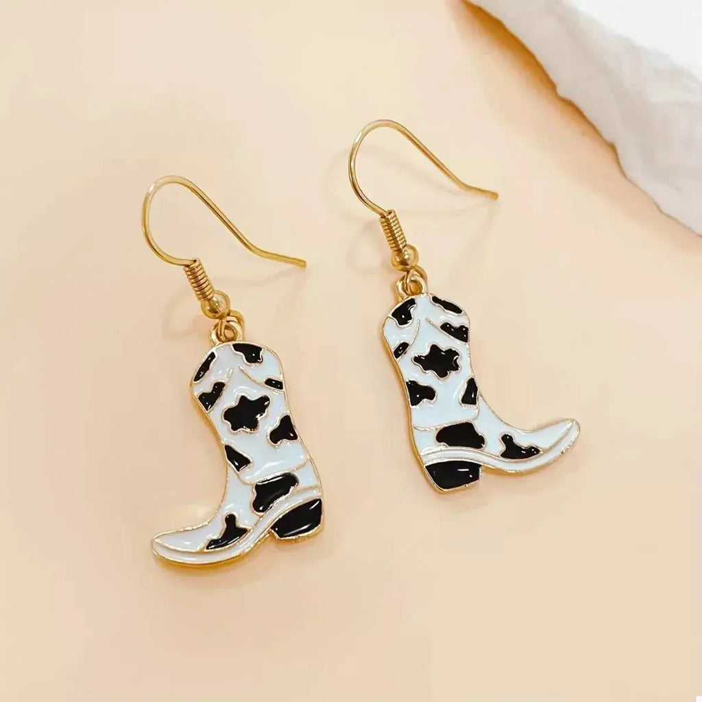 Gold-plated western cowgirl boot dangle earrings featuring playful western-inspired design by Plush Fashion Hub