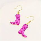 Gold-plated Western cowgirl boot dangle earrings from Plush Fashion Hub featuring playful Western-themed jewelry design.