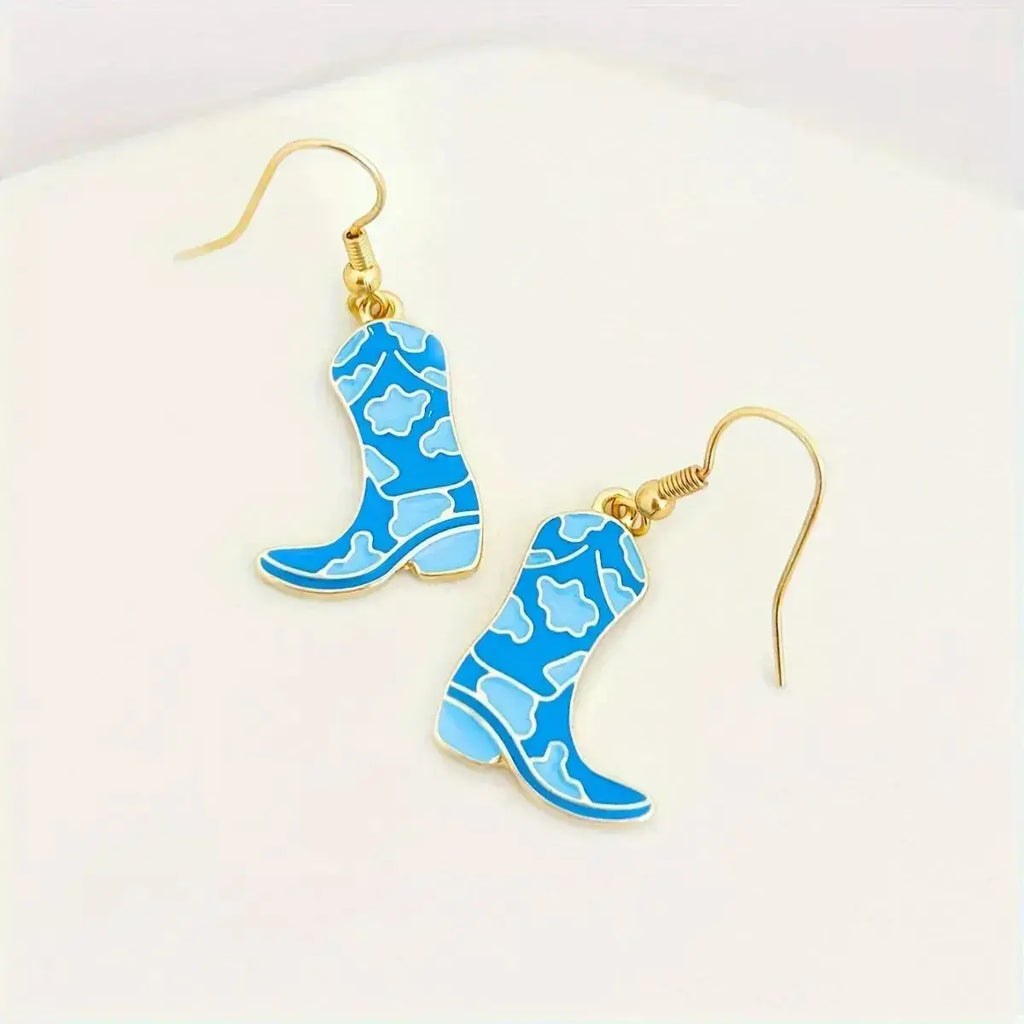Gold-plated Western cowgirl boot dangle earrings with playful Western-themed design by Plush Fashion Hub.