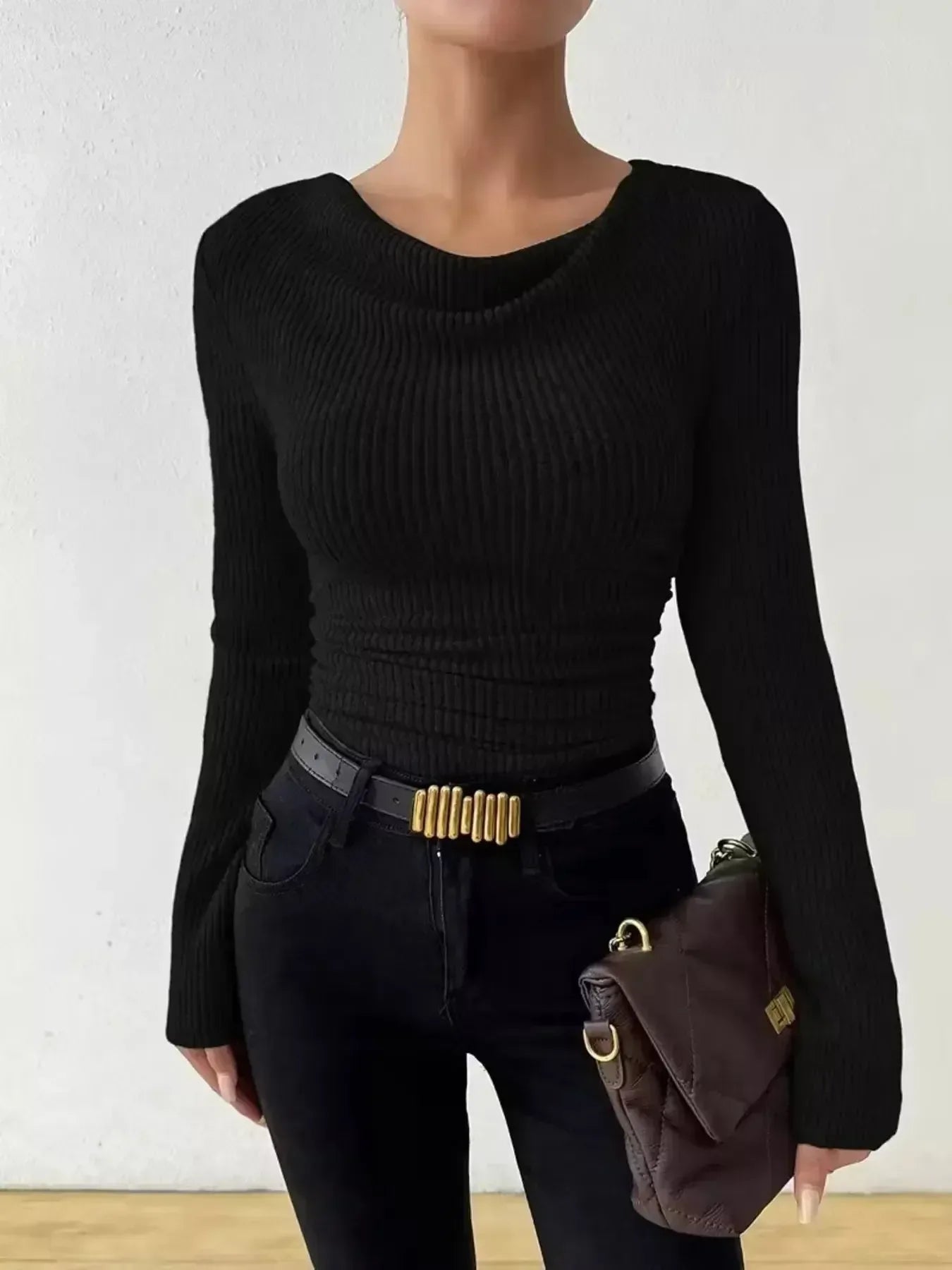 Cowl Neck Ribbed Long Sleeve Sweater - Plush Fashion Hub