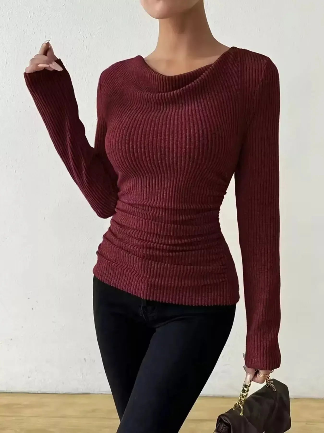 Cowl Neck Ribbed Long Sleeve Sweater - Plush Fashion Hub