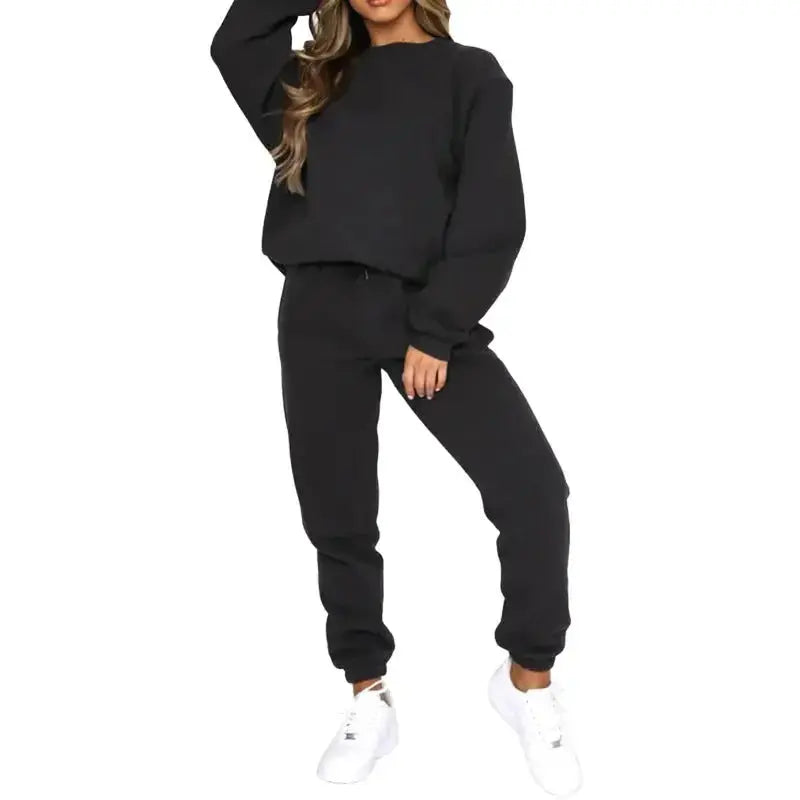Fleece-lined women's crew neck sweatshirt and sweatpants loungewear set by Plush Fashion Hub, casual cozy two-piece outfit.