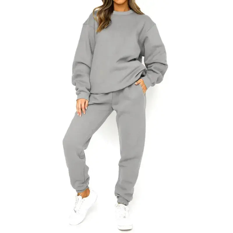Plush Fashion Hub women's fleece-lined crew neck sweatshirt and matching sweatpants loungewear set, casual and comfortable.