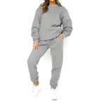 Plush Fashion Hub women's fleece-lined crew neck sweatshirt and matching sweatpants loungewear set, casual and comfortable.