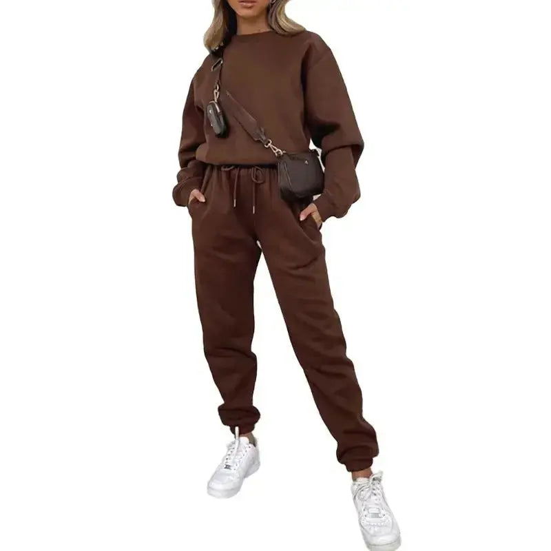 Women's fleece-lined crew neck sweatshirt and sweatpants loungewear set by Plush Fashion Hub, casual and cozy two-piece outfit.