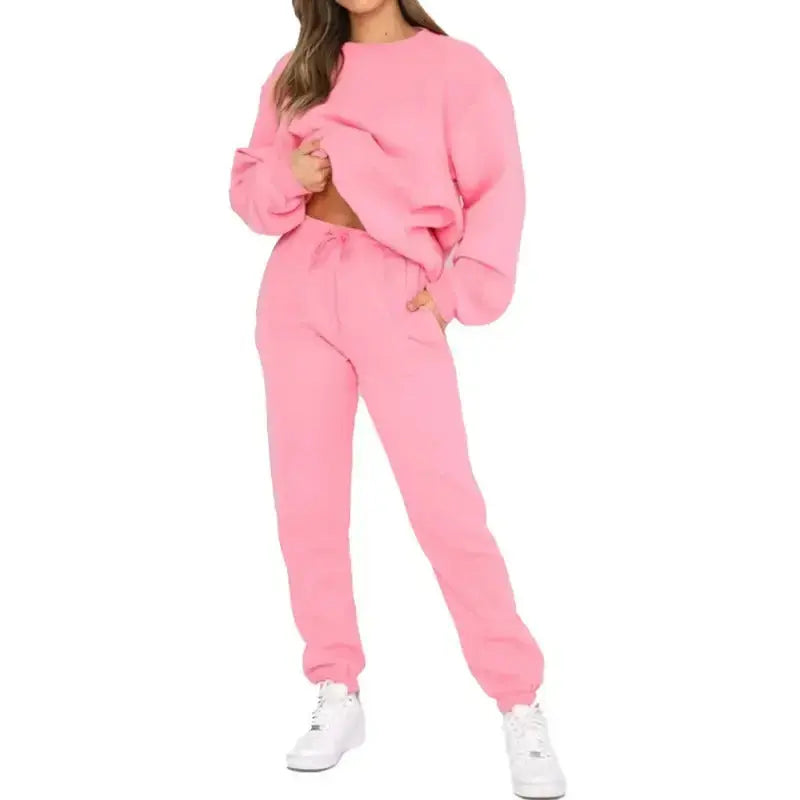 Women's fleece-lined crew neck sweatshirt and matching sweatpants loungewear set by Plush Fashion Hub, casual and cozy two-piece outfit
