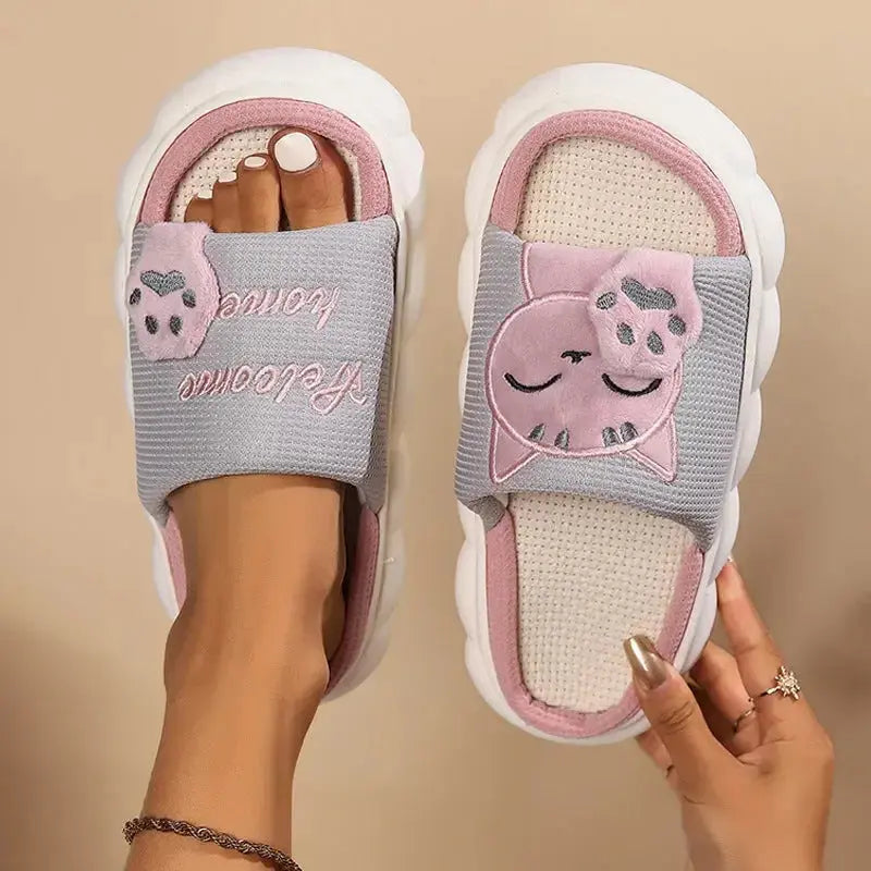 Cute cartoon kitten plush slippers for women, soft indoor footwear by Plush Fashion Hub, featuring adorable kitten design and cozy comfort.