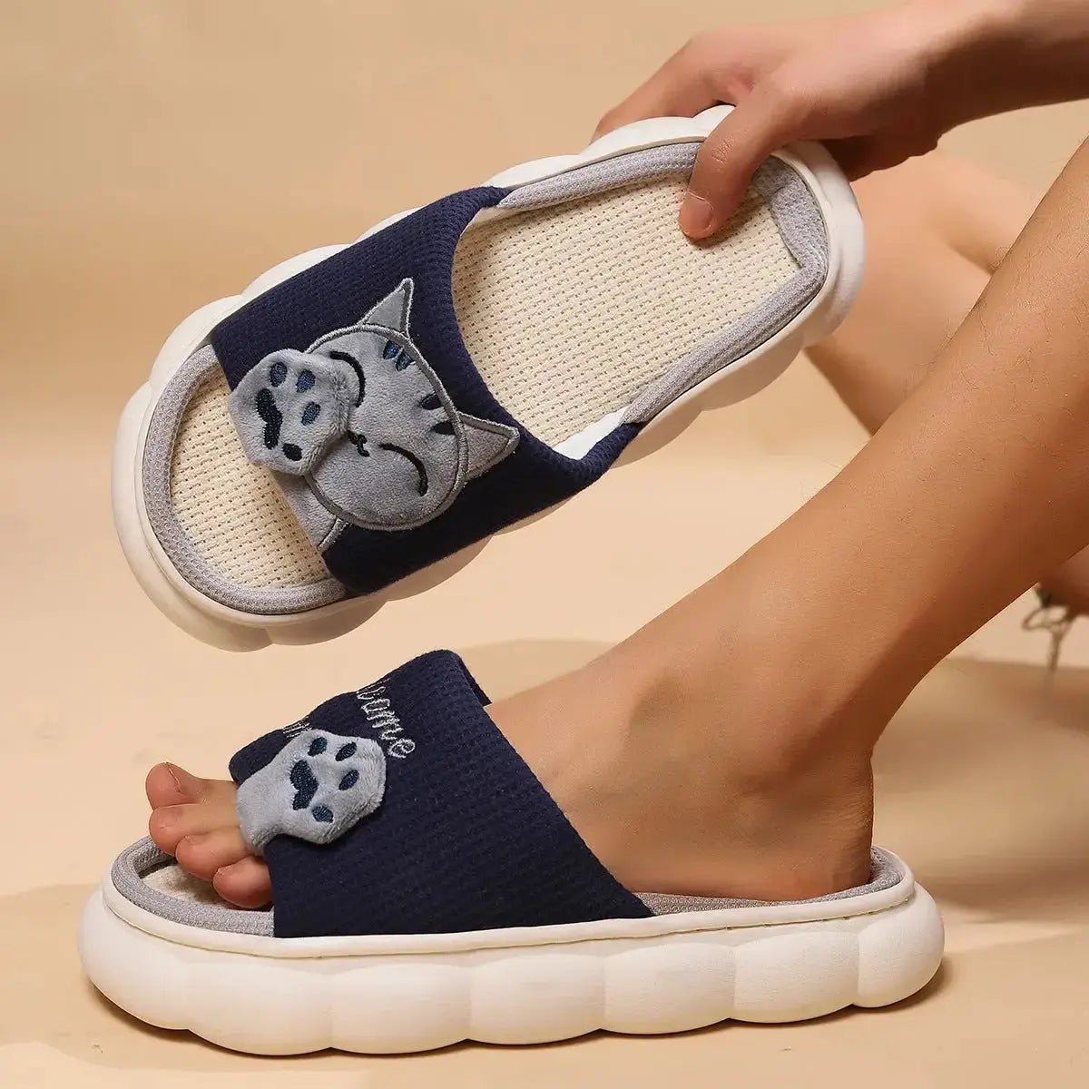 Cute cartoon kitten plush slippers for women by Plush Fashion Hub, soft indoor footwear with adorable kitten design.