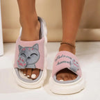 Cute cartoon kitten plush slippers for women by Plush Fashion Hub, soft indoor footwear with adorable feline design.