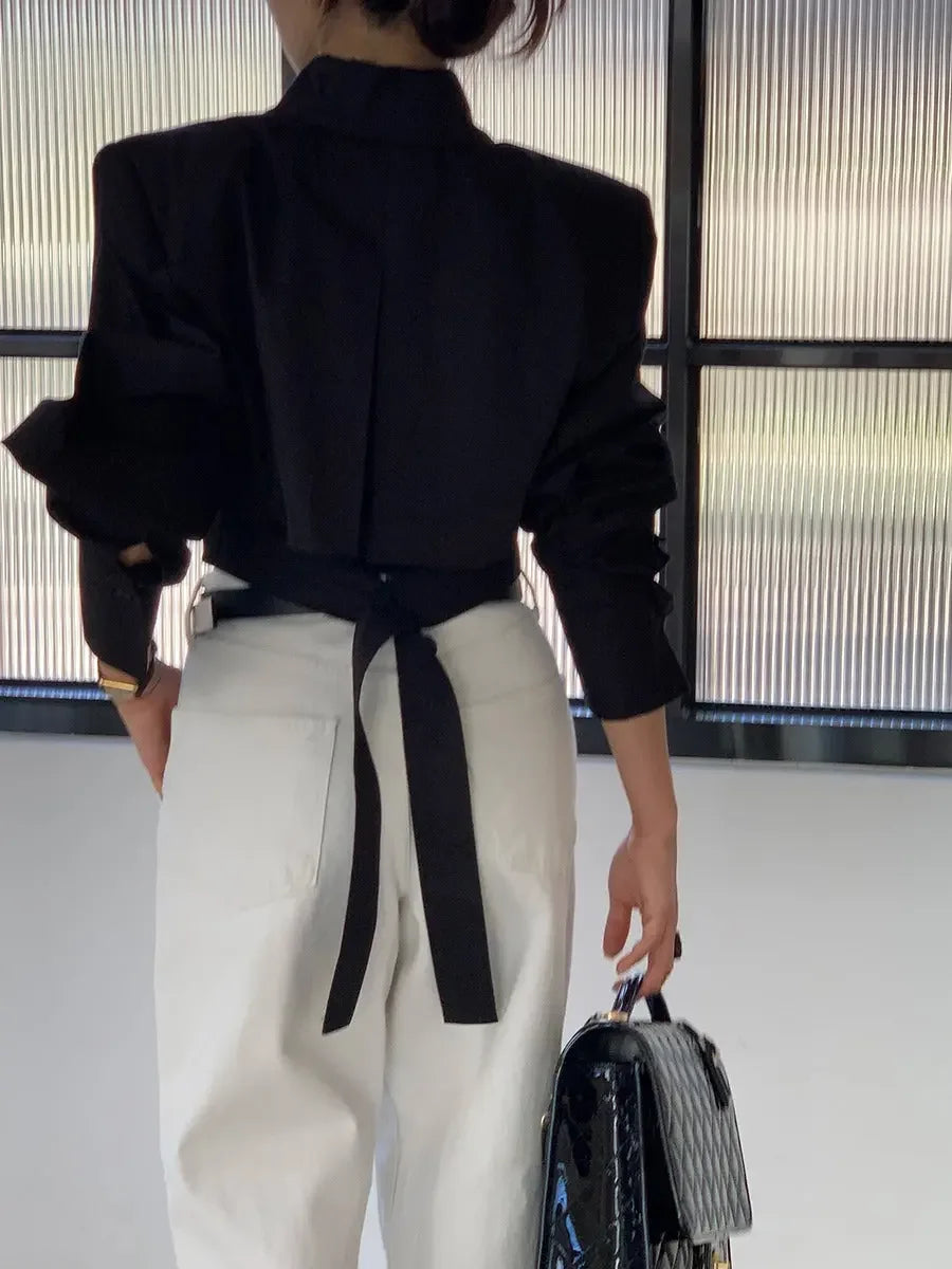 Cutout Back Tie Button Oversized Cropped Shirt - Plush Fashion Hub