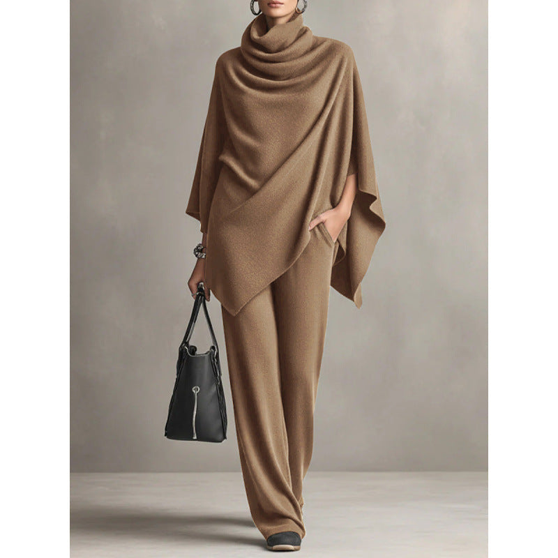 German velvet pile collar cloak top and wide-leg pants two-piece outfit by Plush Fashion Hub, shown in a stylish ensemble.