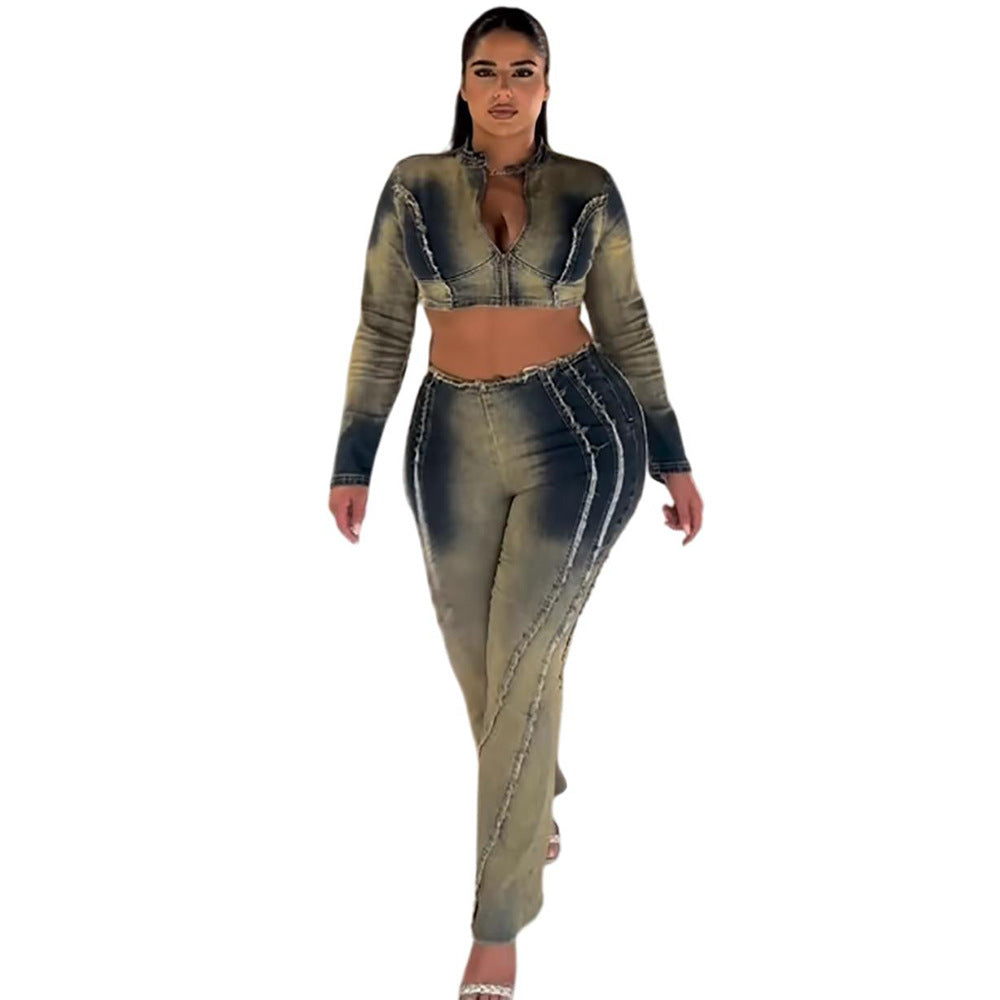 Women’s denim set featuring a street dye long sleeve top and fringe jeans pants by Plush Fashion Hub.
