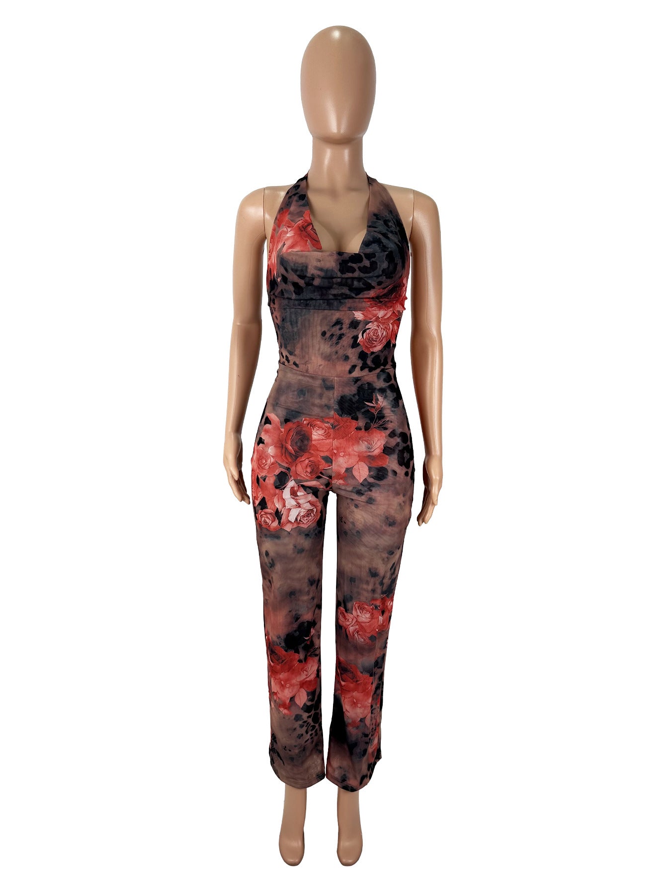 Leopard Print Floral Placement Print Halter Bodysuit for Women