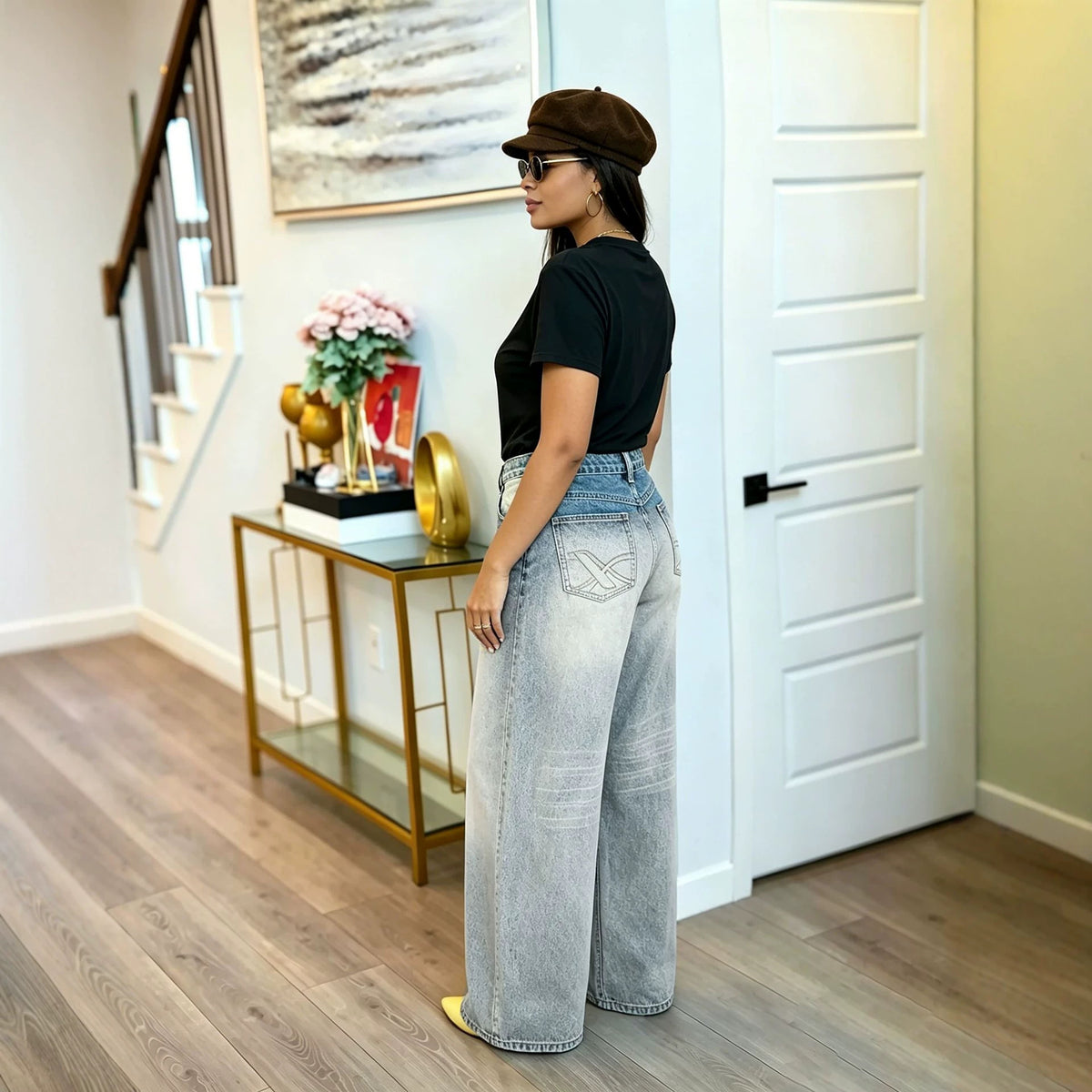 Vintage washed gradient straight fit denim jeans by Plush Fashion Hub, showing the faded blue denim with classic pocket details.