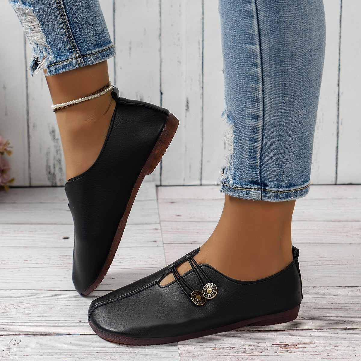 Modern square-toe button loafers from Plush Fashion Hub, featuring sleek design and stylish loafers for casual or formal wear.
