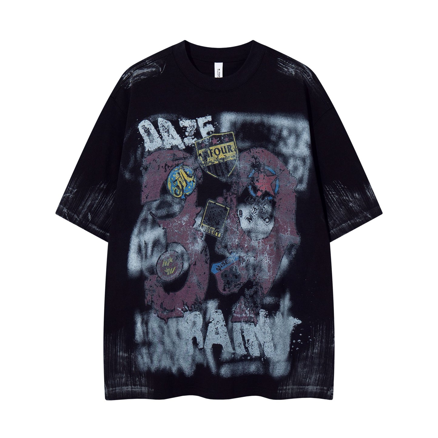 Vintage short sleeve T-shirt by Plush Fashion Hub featuring graffiti badge design and casual fit.