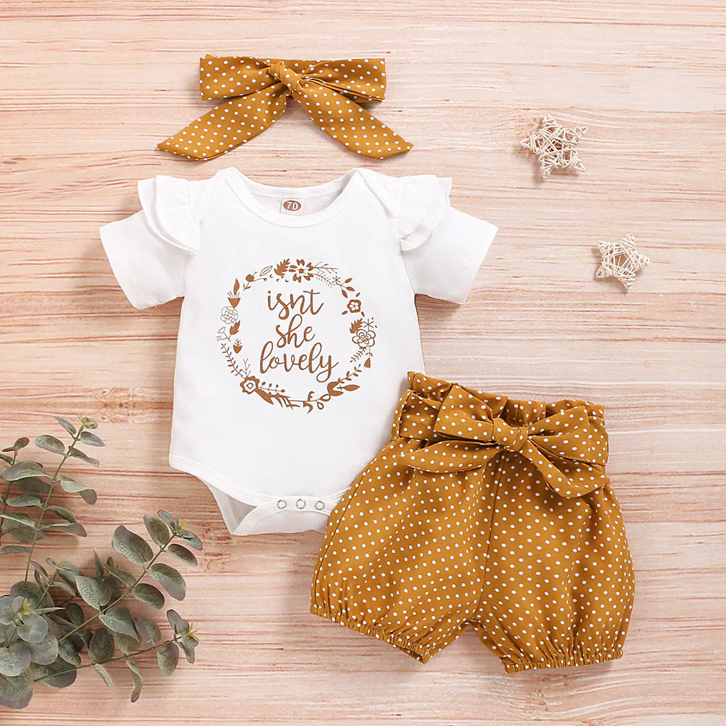Infant girls' summer outfit with letter bodysuit and shorts set, stylish two-piece clothing from Trendy Attic Store01.