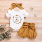 Infant girls' summer outfit with letter bodysuit and shorts set, stylish two-piece clothing from Trendy Attic Store01.