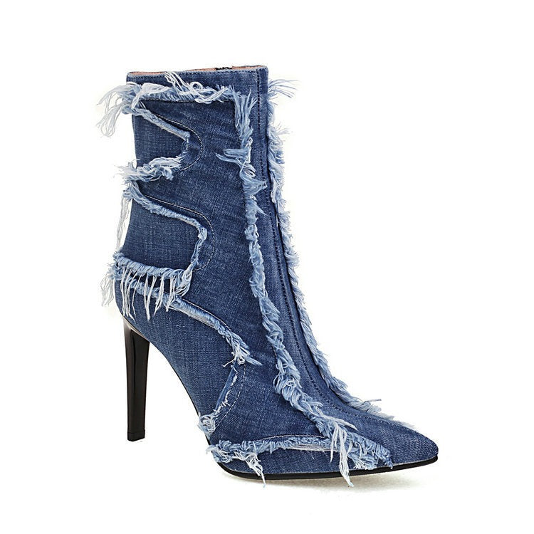 Blue denim ankle boot with a pointed toe, stiletto heel, and frayed edge seams.
