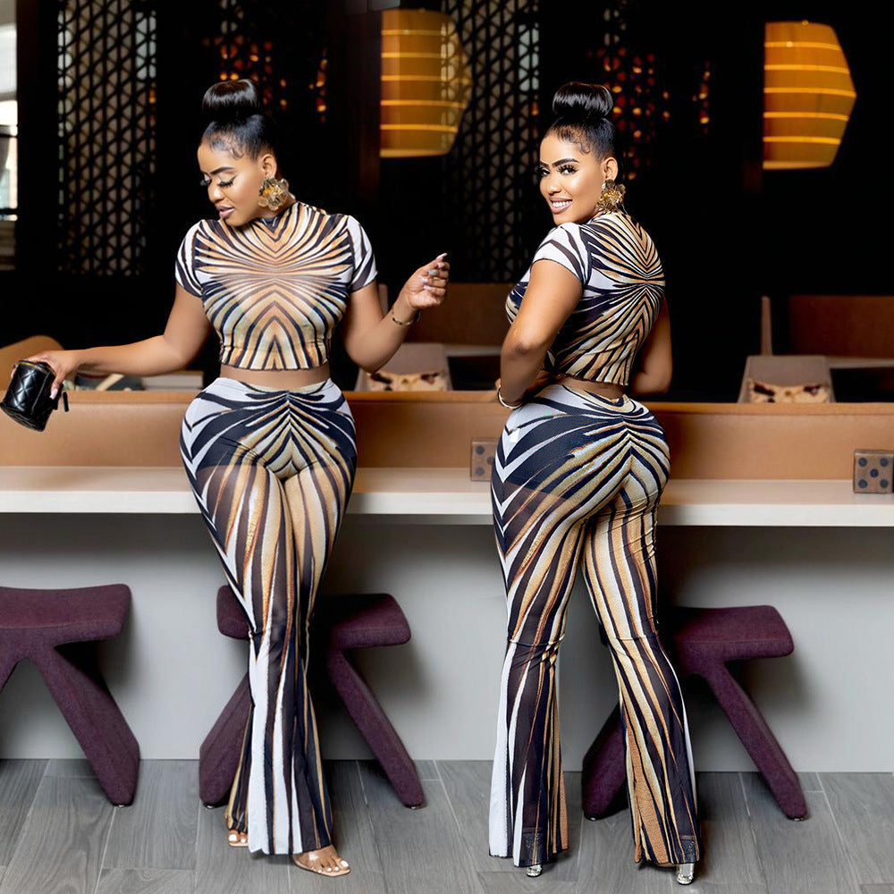 Striped printed sheer mesh short sleeve crop top set from Plush Fashion Hub, stylish and lightweight for trendy summer looks.