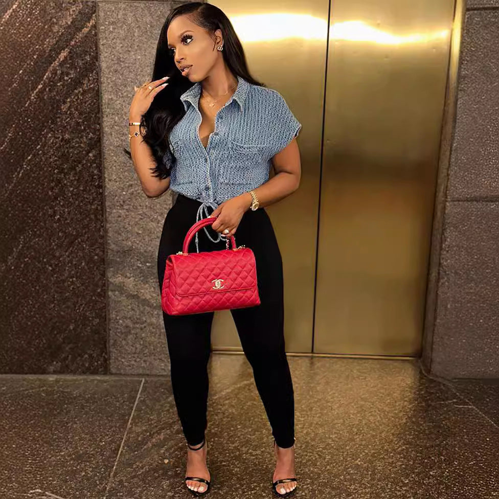 Casual women's denim vest top with loose fit, drawstring waist, notch lapel, by eprolo, shown on a model.