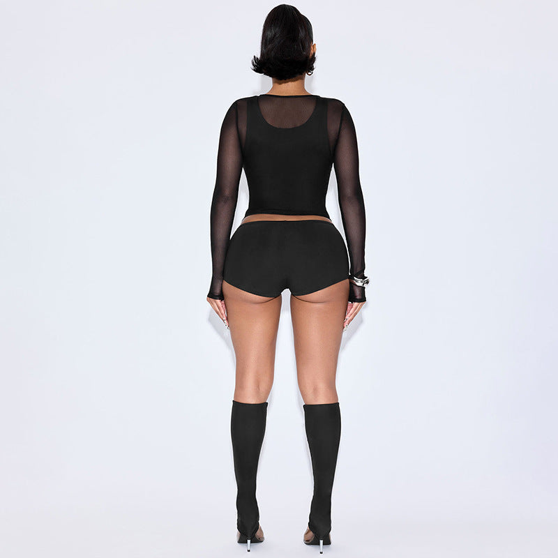 Solid Color Mesh 4-Piece Set Vest Long Sleeve Sheer Outfit Women's Set