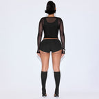 Solid Color Mesh 4-Piece Set Vest Long Sleeve Sheer Outfit Women's Set