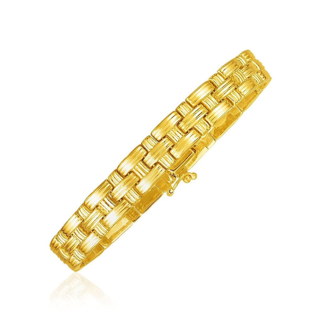 14k yellow gold basket weave bracelet with intricate textured design, showcasing elegant craftsmanship and shiny finish.