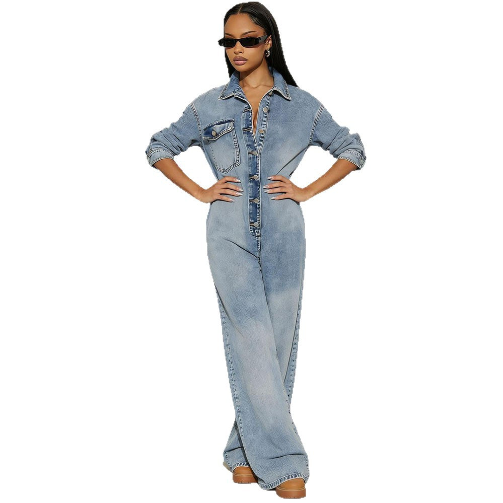 Women's Long Sleeve Button-Front Denim Jumpsuit