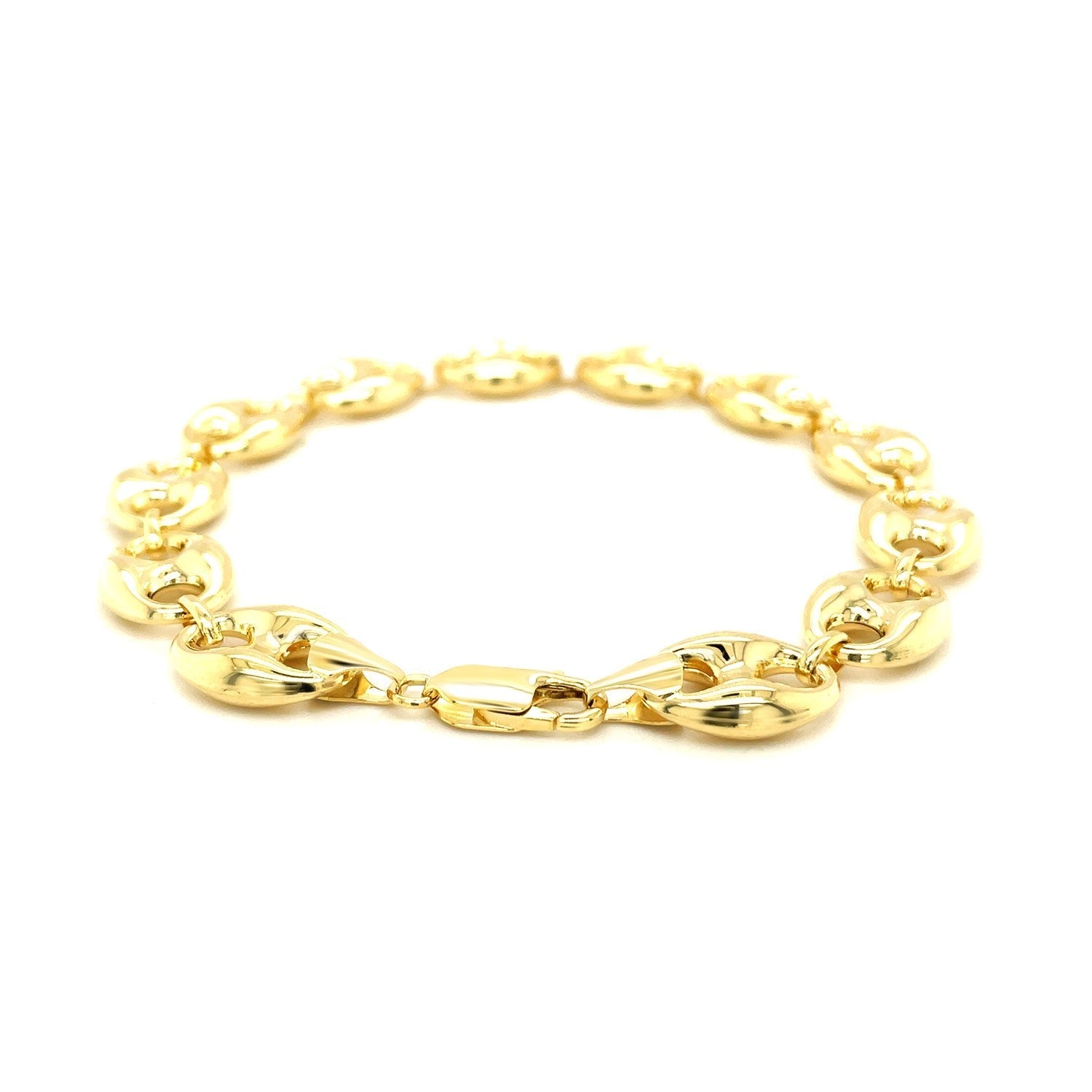 14k yellow gold puffed mariner link bracelet with rounded, textured links, showcasing a luxurious jewelry design.