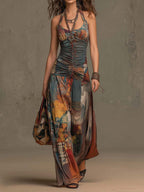French Oil Painting Print Vintage Off-Shoulder Sexy Jumpsuit for Women Summer