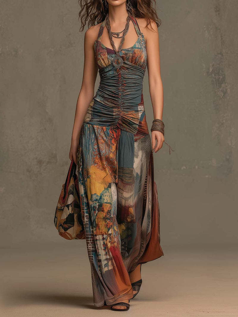 French Oil Painting Print Vintage Off-Shoulder Sexy Jumpsuit for Women Summer