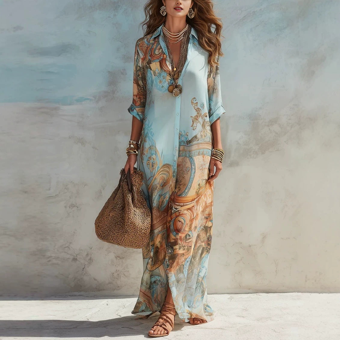 Elegant chiffon digital print vintage women's dress by eprolo featuring a flowy, fresh design with a stylish, lightweight fabric.