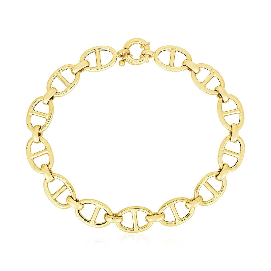 14k yellow gold high polish mariner link bracelet with 8.8mm links, showcasing a stylish and shiny jewelry piece.