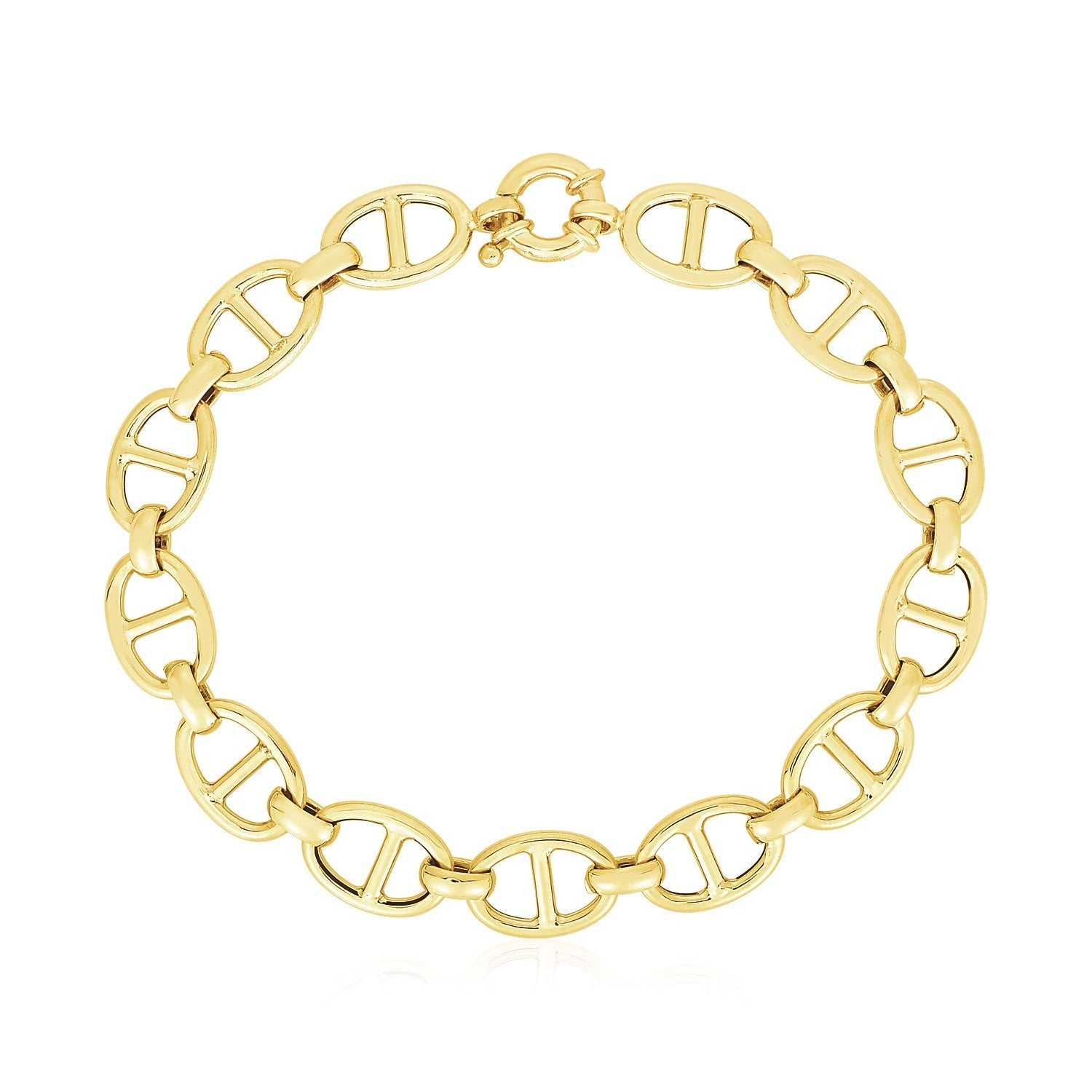 14k yellow gold high polish mariner link bracelet with 8.8mm links, showcasing a stylish and shiny jewelry piece.