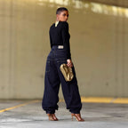NewDouble Waistband Rivet Spliced Denim Pants